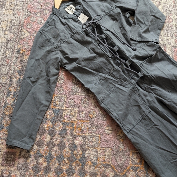 BNWT Zara Amelia Jumpsuit Slate Grey Lace Up Front Boilersuit Med Cotton Linen - Picture 9 of 14
